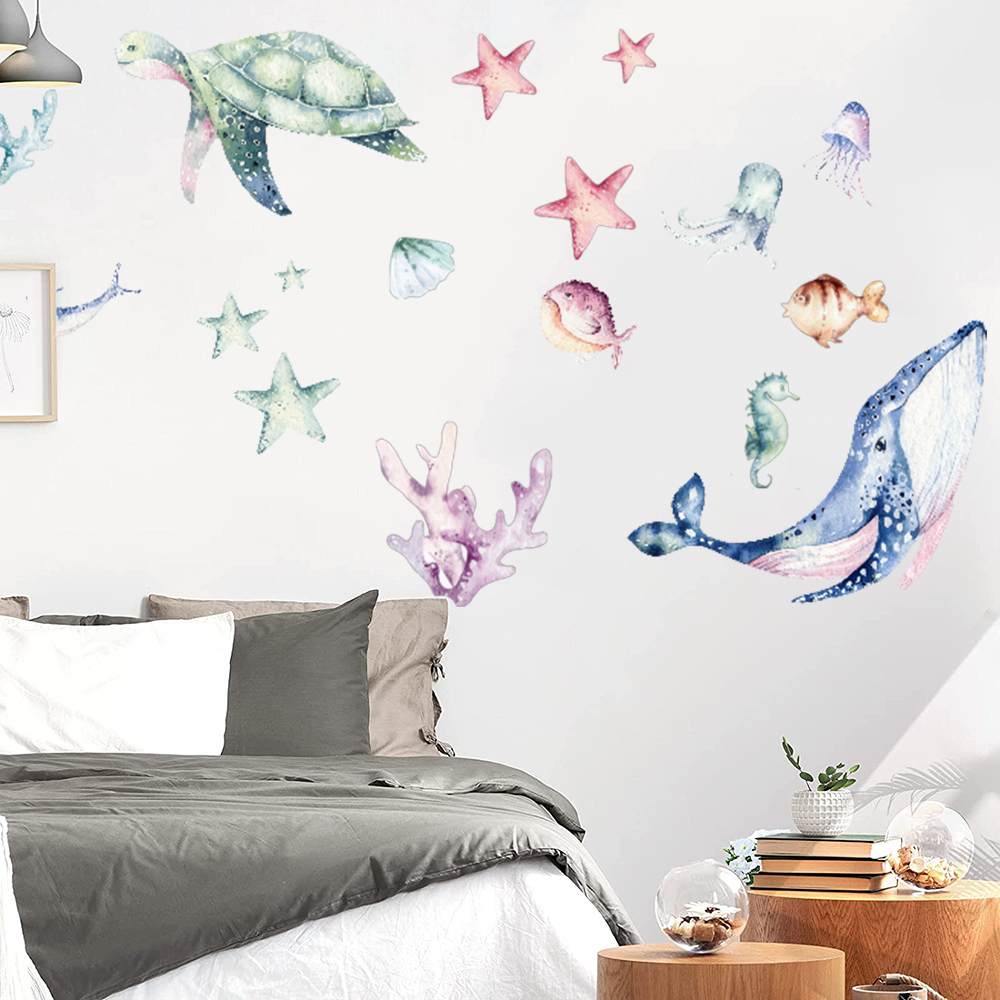 Home Bathroom Floor Tiles - Watercolor Sea Life Ocean Wall Stickers