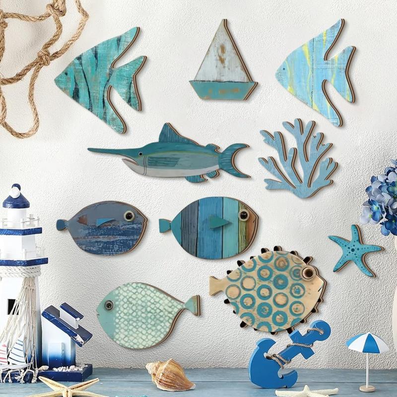 Jet Home Bathroom - 10pcs/set Fish Wall Decor Wooden Fish